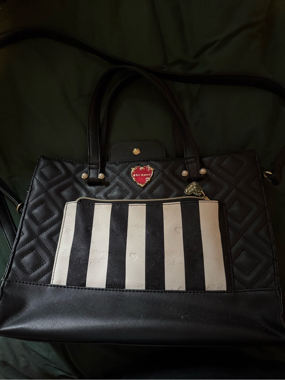 BETSEY JOHNSON Black Quilted Tote with Black & White Striped Front Pocket